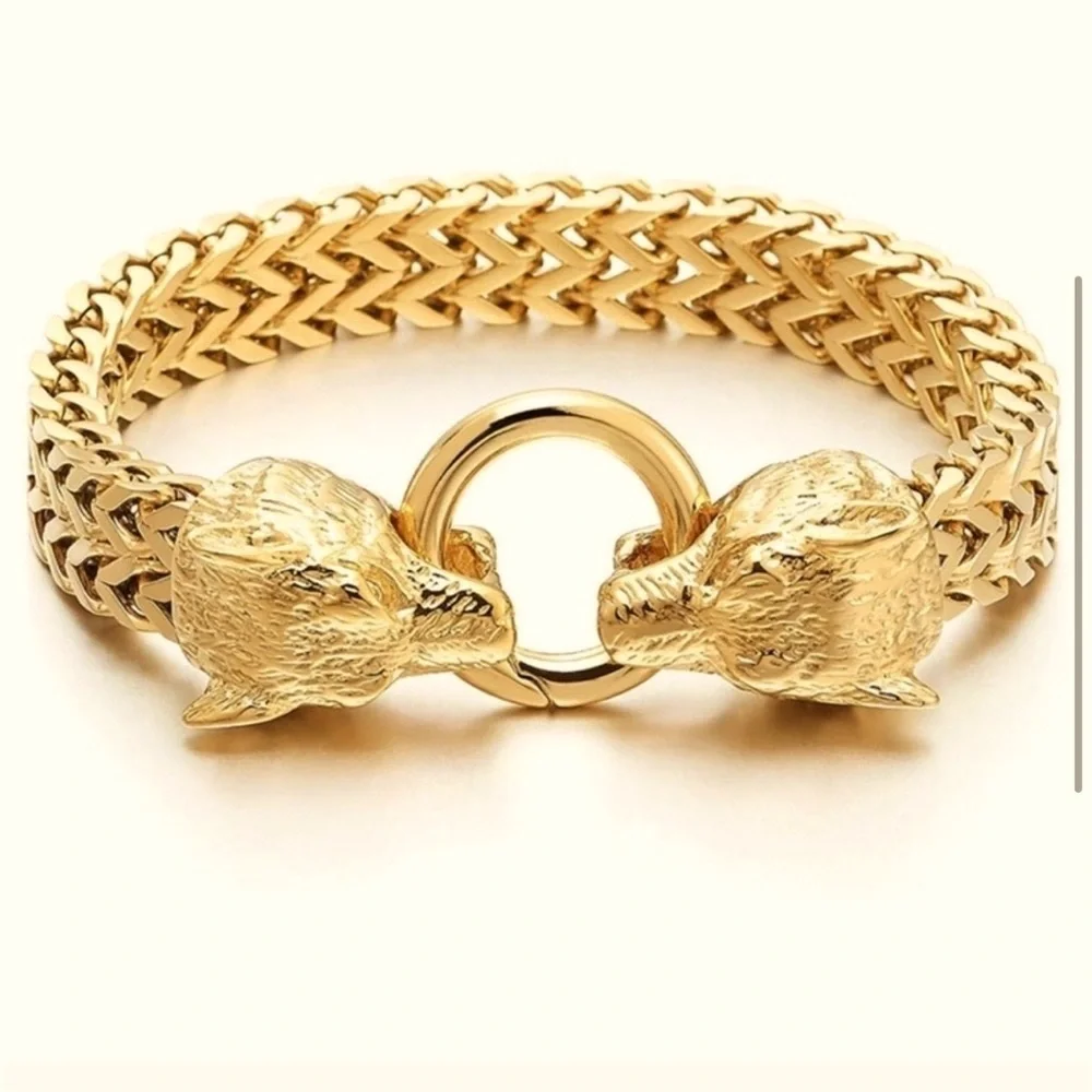 NEW 14k gold Titanium Wolf Head Franco Link Bracelet Mens